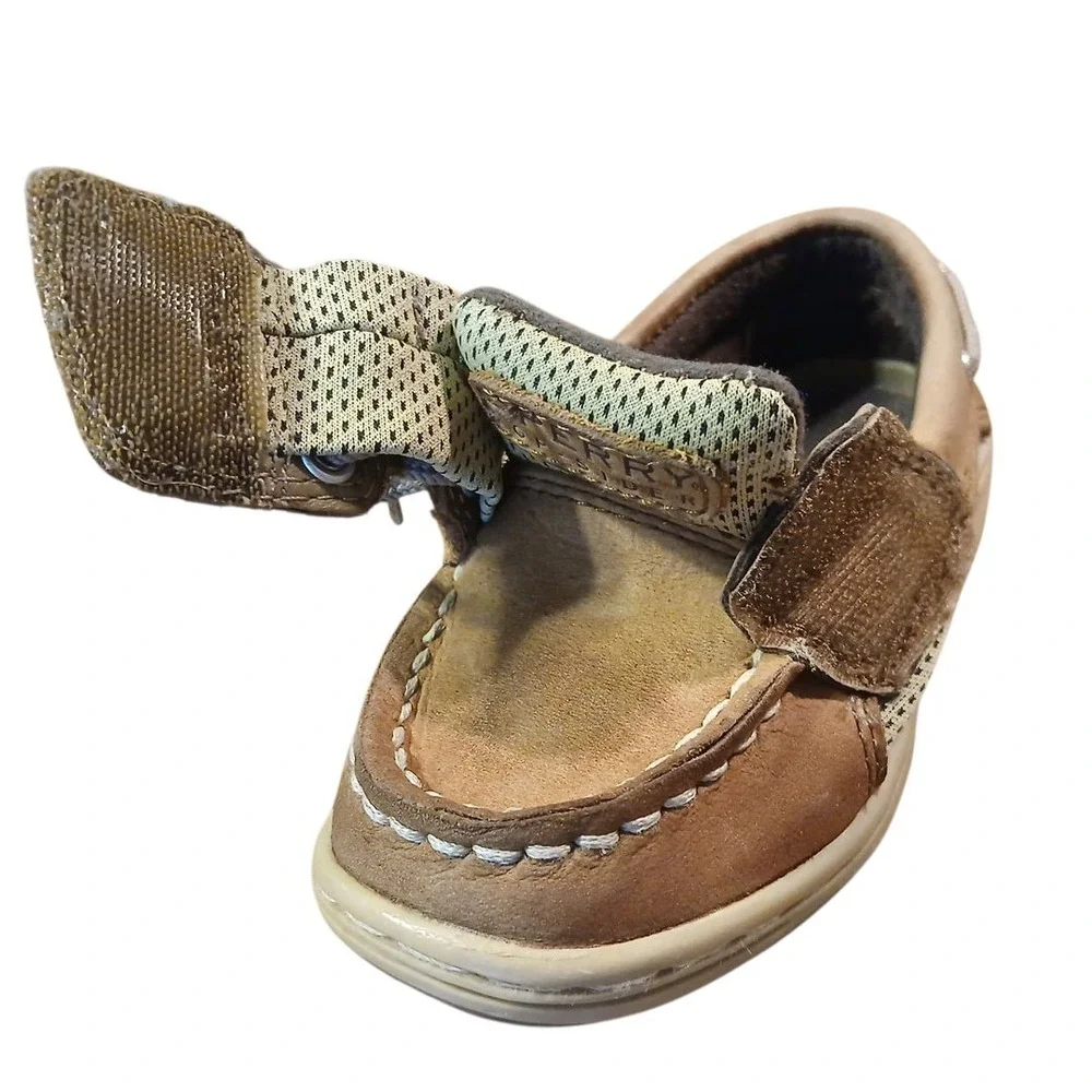 Sperry Toddler Boys Size 5M Top Sider Brown Leather Boat Shoes Hook & Loop Close